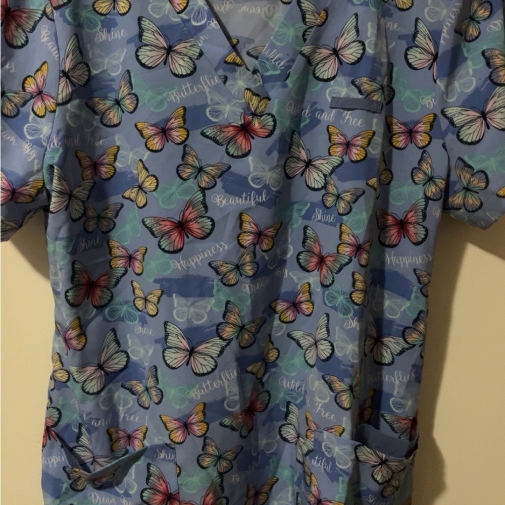 Butterfly Print womens white cross scrub top Shirt size small